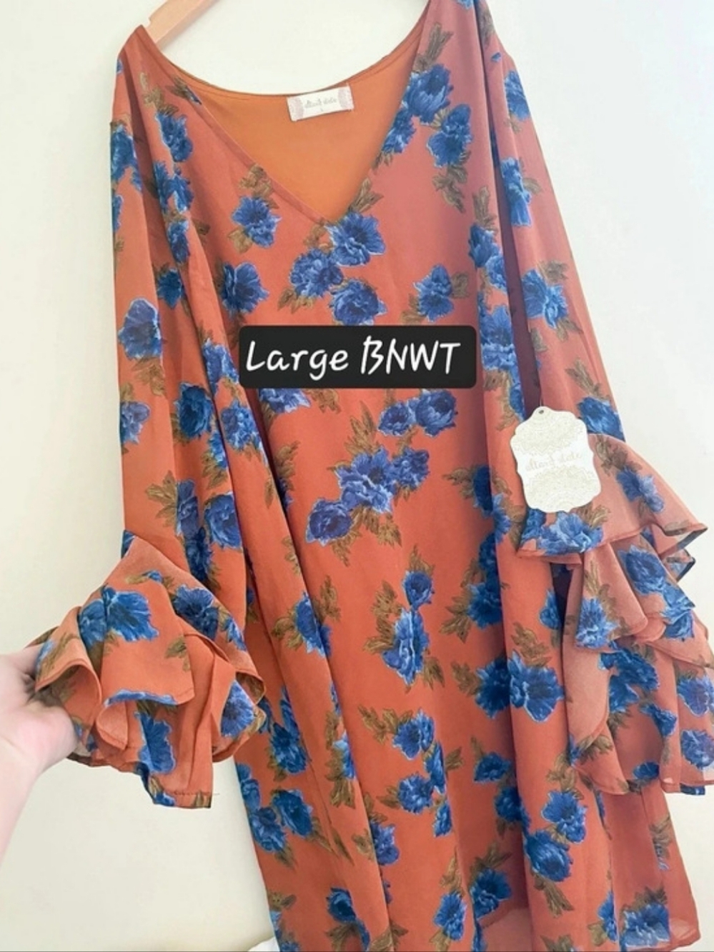 Altar'd State Rust Floral Ruffle Sleeve Dress Size L NWT $72